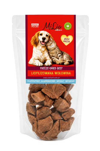 Liofilizowana wołowina dla psa i kota – naturalny przysmak 100% mięsa, lekki, chrupiący i pełen wartości odżywczych.