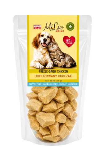Liofilizowany kurczak dla psa i kota – naturalny przysmak 100% mięsa, lekki, chrupiący i delikatny.