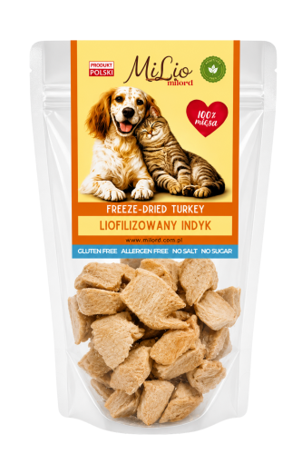 Liofilizowany indyk dla psa i kota – naturalny przysmak 100% mięsa, lekki, chrupiący i lekkostrawny.