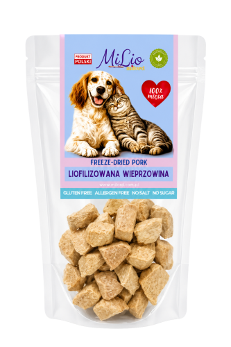 Liofilizowane mięso wieprzowe dla psa i kota – naturalny przysmak 100% mięsa, bez dodatków.