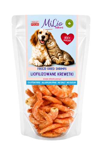 Liofilizowane krewetki dla psa i kota – naturalny przysmak 100%, aromatyczny i bogaty w białko oraz omega-3.
